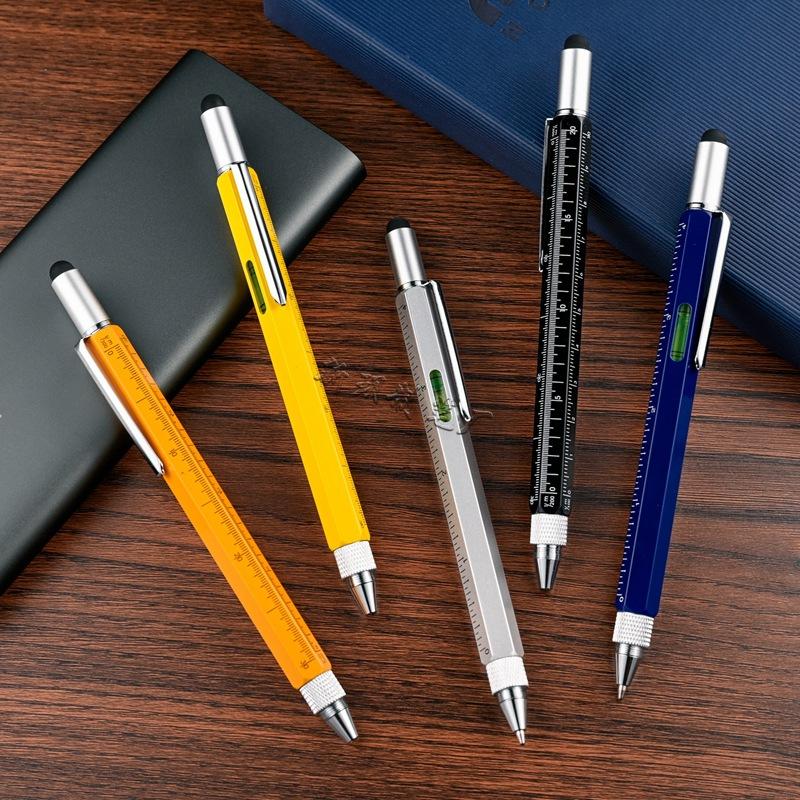 6 In 1 Tool Pen Multifunctional Rotary Ballpoint Pen Mini Level Metal Touch Screen Capacitive Pen