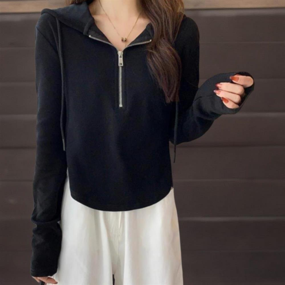 New Arrivals Open Run Women Half Zip Hoodie Unbalance Black White Cotton Blended