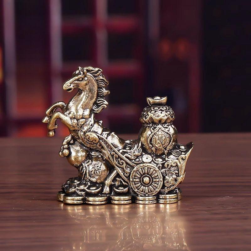 Antique Brass Solid Long Tail Horse Figurine Miniature Ornament Copper Zodiac Animal Mini Office Desktop Decoration Craft
