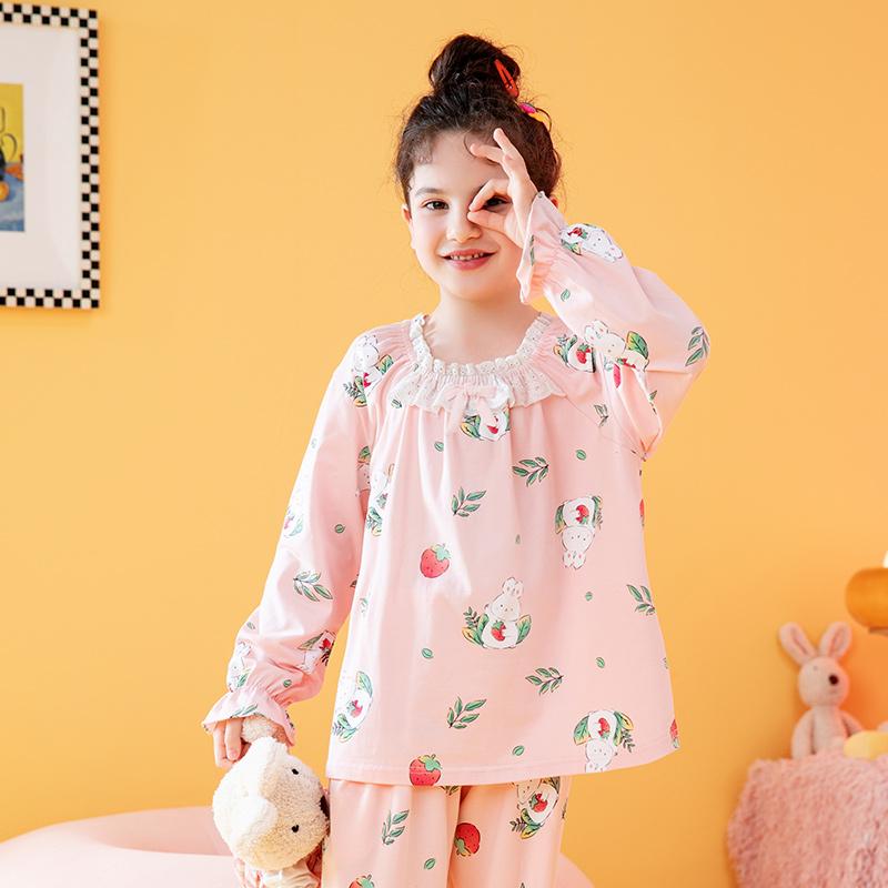 Fenteng Combed Cotton Strawberry Rabbit Lace Pajama Set for Girls