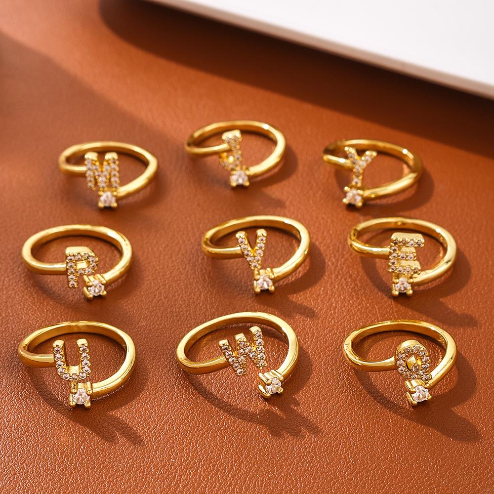 Copper Inlaid Zircon Alphabet Ring: Women's Fashionable Adjustable Open Ring
