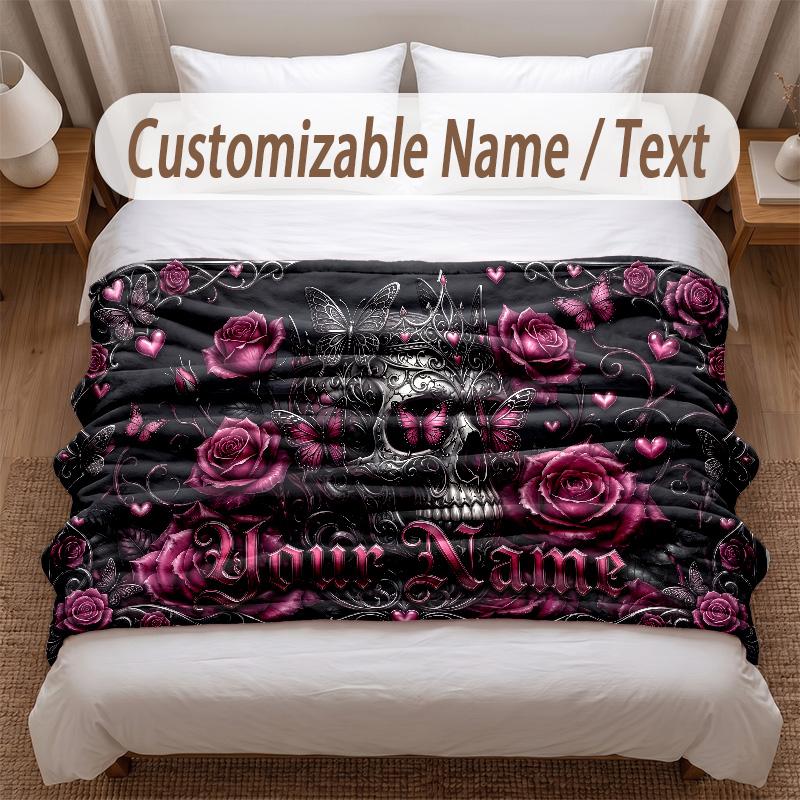 Skull Gothic Theme Soft Blanket Personalized Custom Name Text Print Warm Blanket Home Sofa Bedroom Decor