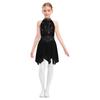 Girls Lyrical Dance Costume Sparkle Rhinestones Keyhole Back Irregular Chiffon Hem Skating Dress