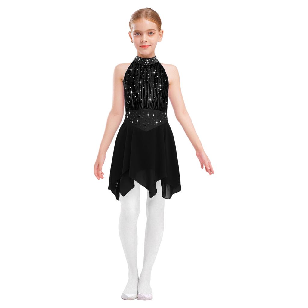 Girls Lyrical Dance Costume Sparkle Rhinestones Keyhole Back Irregular Chiffon Hem Skating Dress