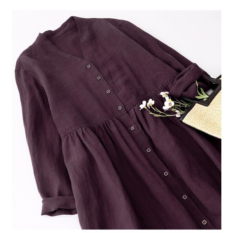 Spring and Autumn Women's Cotton and Linen V-neck Open Door Placket Two-wear Long-sleeved Slimming Dress