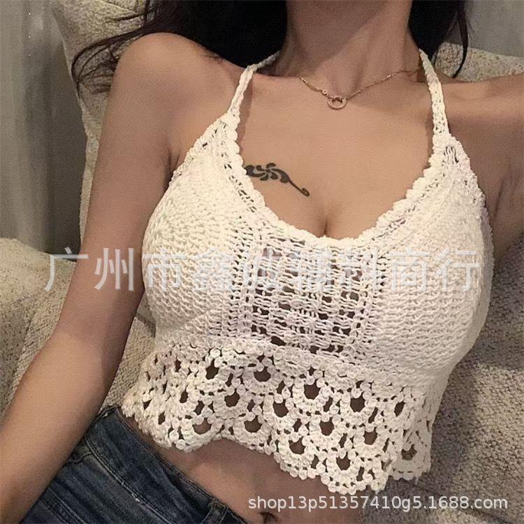 Neck small vest with chest pad, sling inside, shoulder-spilled backrest, hollow tube top, embroidered vest, women's summer short top