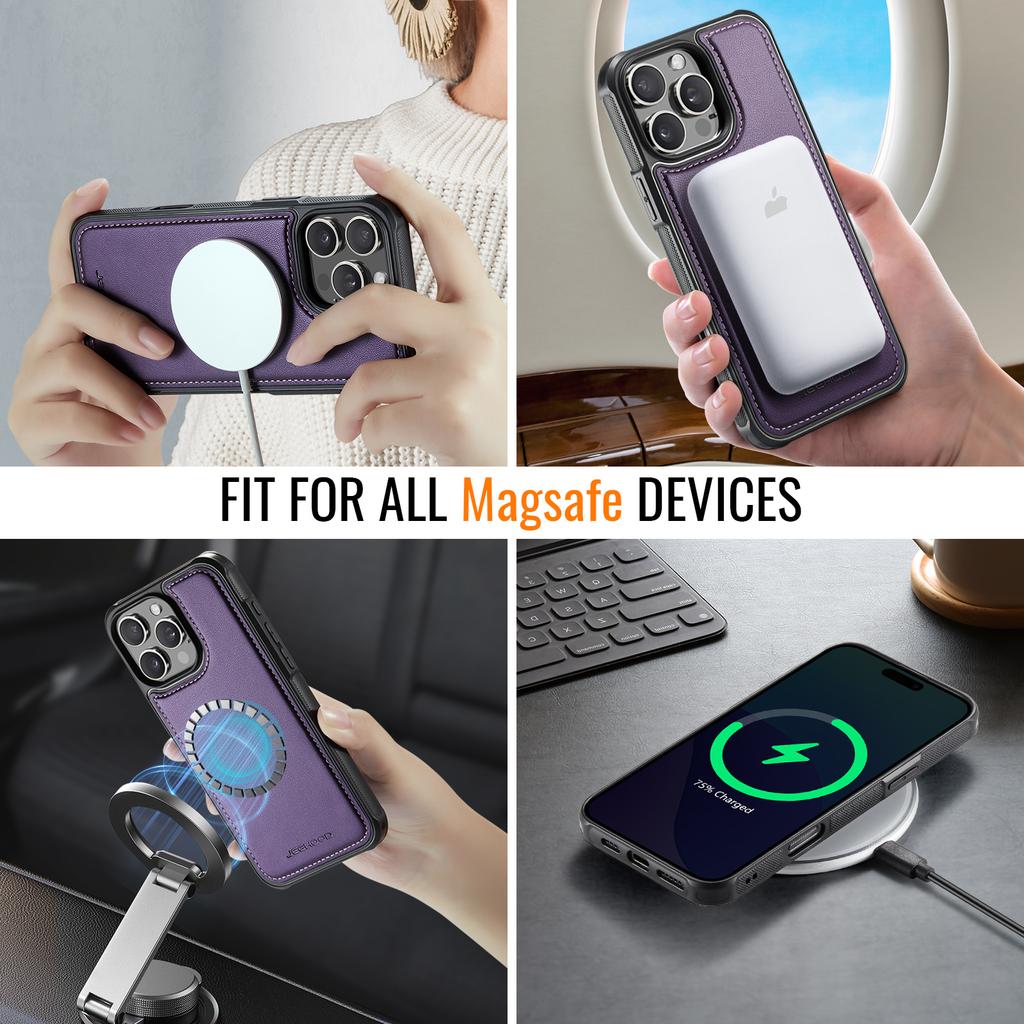 For iPhone 16 Pro Max Leather Back Cover Compatible with MagSafe JEEHOOD J06 Phone Case with Card Bag RFID Blocking