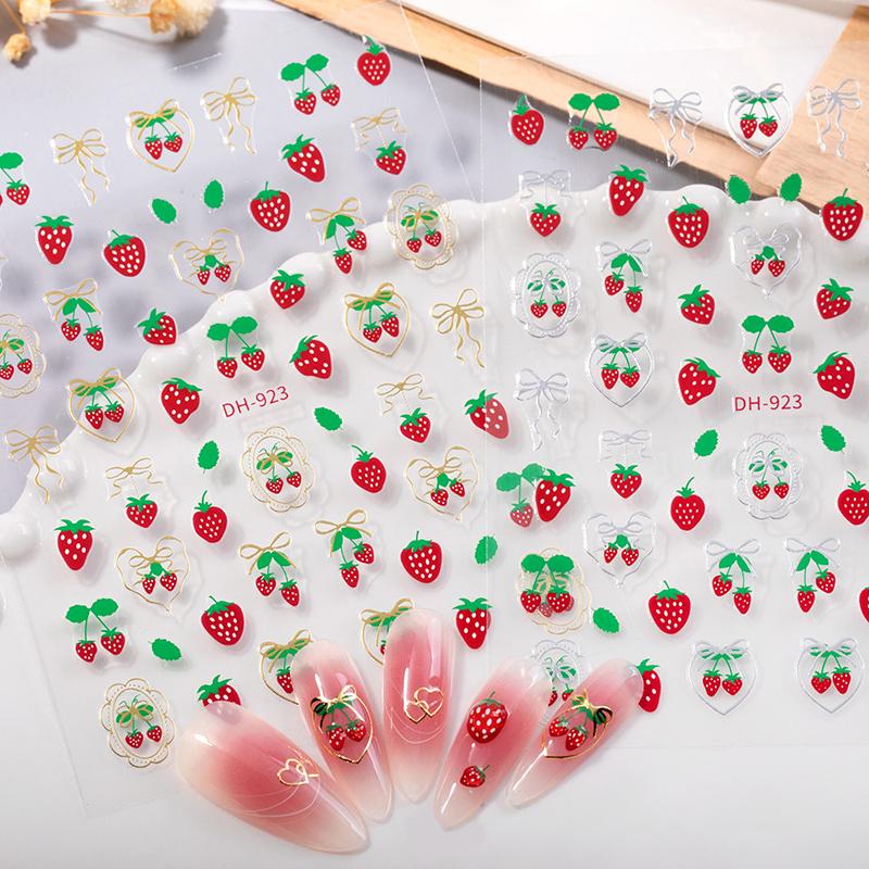 Fresh Sweet Fruits Strawberry Cherry Bowknot Love Heart Bow 5D Nail Art Stickers Self Adhesive Decorations Nail Manicure Decal