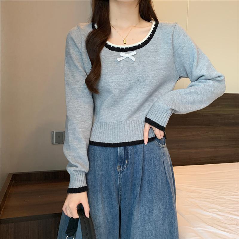 Retro white square collar with bottom women s autumn new bow long-sleeved sweater knitted short top one size fits all серый 1770₽