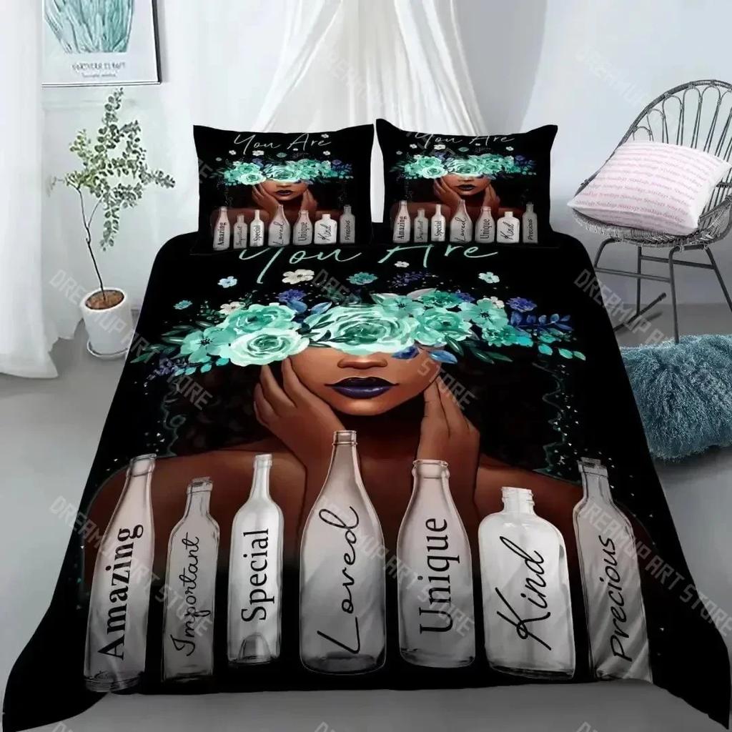 3D Print American Black Girl Duvet Cover Set,Black Girl Magic Bedding Set Full Size,Cute Little Afro Black Princess Comforter