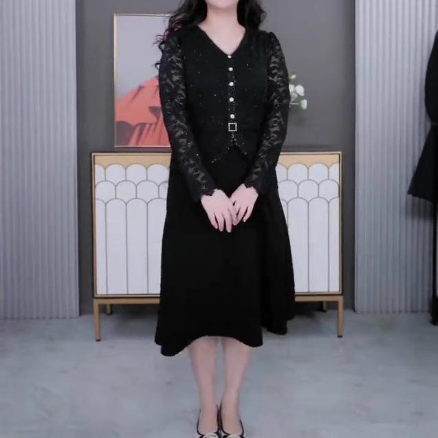 

Весеннее платье с длинным рукавом из французского кружева в стиле для полных женщин среднего возраста L (100-120 jin) чёрный