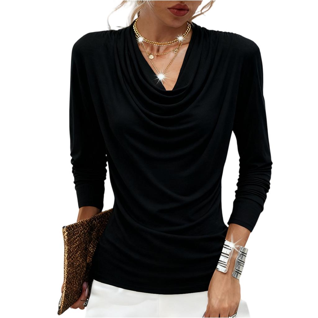 Fashionable Women's V,neck Pleated Long,sleeved T,shirt, Slim Fit, Mesh Design Base Layer Top