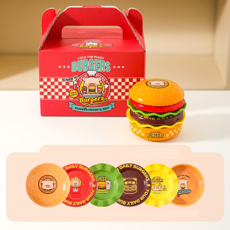 

Hamburger Dish Seasoning Dish Six Piece Set Dipping Dish Cute Tableware Ceramic Underglaze Color Soy Sauce Dish Household Side