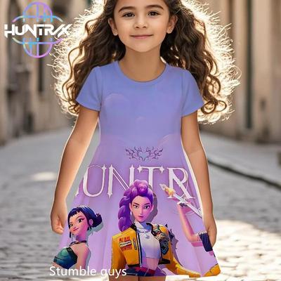 Kpop Demon Hunters Anime Girls Dress Summer Kids Cartoon Short Sleeve Beach Sundress Casual Nightgown