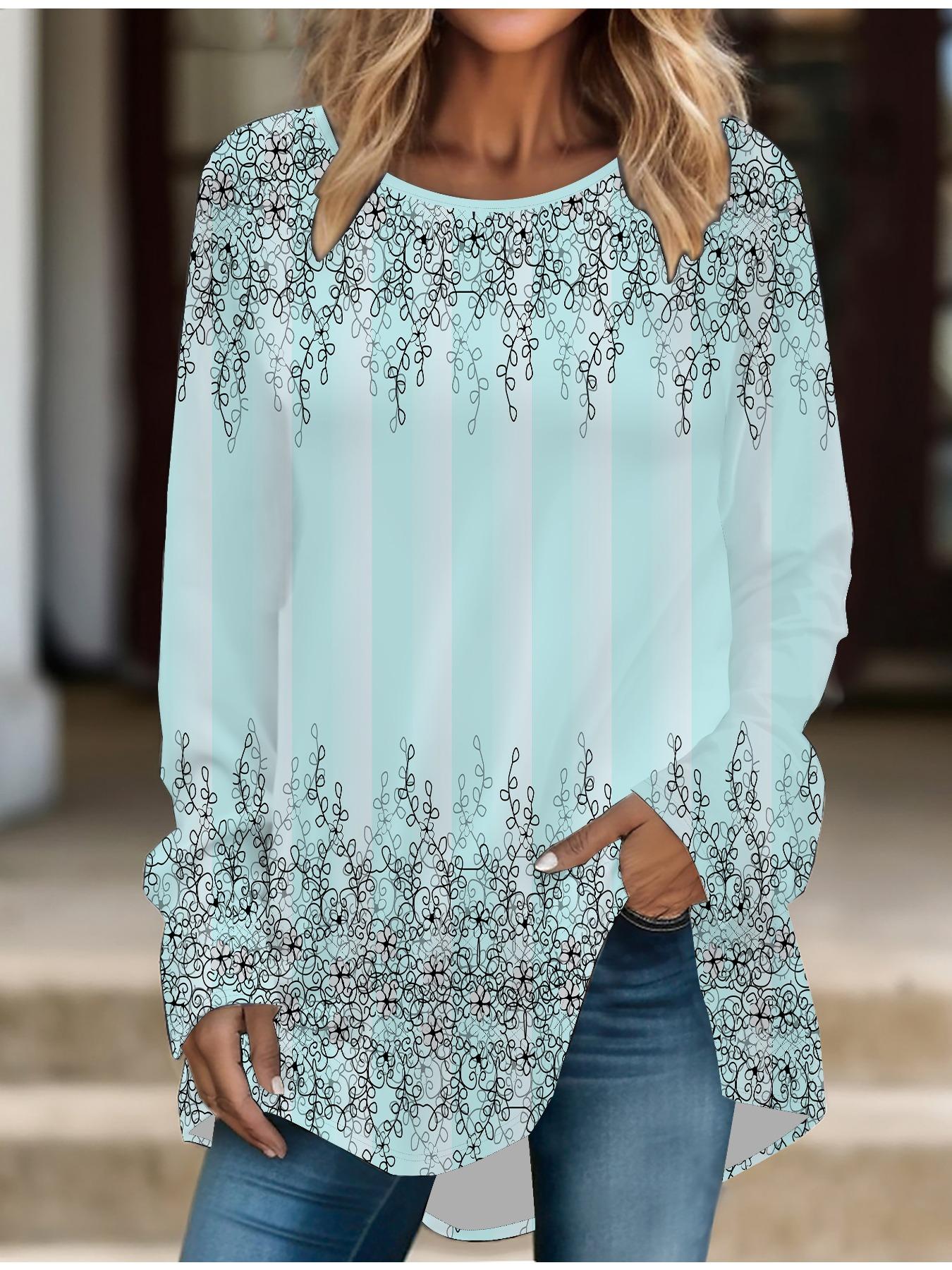 

Женская футболка больших размеров с цветочным принтом, удобная, с длинным рукавом и круглым вырезом, повседневная, свободного кроя, средней длины 8XL синий