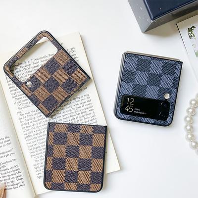 For Samsung ZFlip3 Mobile Phone Case Retro Plaid Nostalgic Brown Simple Anti-fall Leather Niche Neutral Style