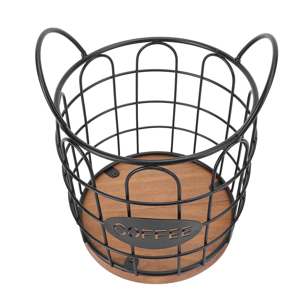 Coffee Pod Holder Iron Wire Weighte Wooden Base Coffee Capsule Storage Basket for Kitchen