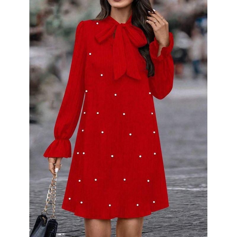 

Cross-Border Foreign Trade European and American Women s Clothing Amazon 2025 Spring New Arrival Shoelace Bead Long Sleeve Pure Color Loose Dress Red L