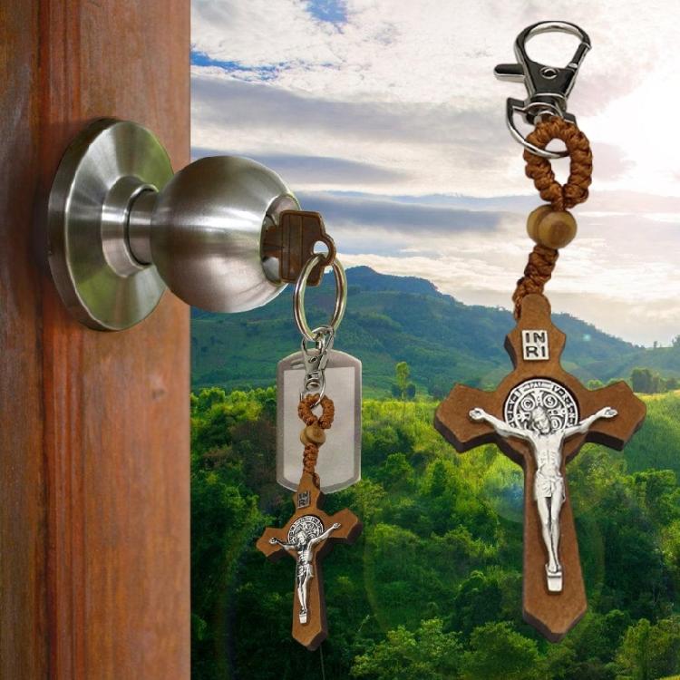 Wooden Crosses Keychain Christian Faith Metal Keyring Bag Charm Accessory Key Holder Pendant Ornament Religious Gift