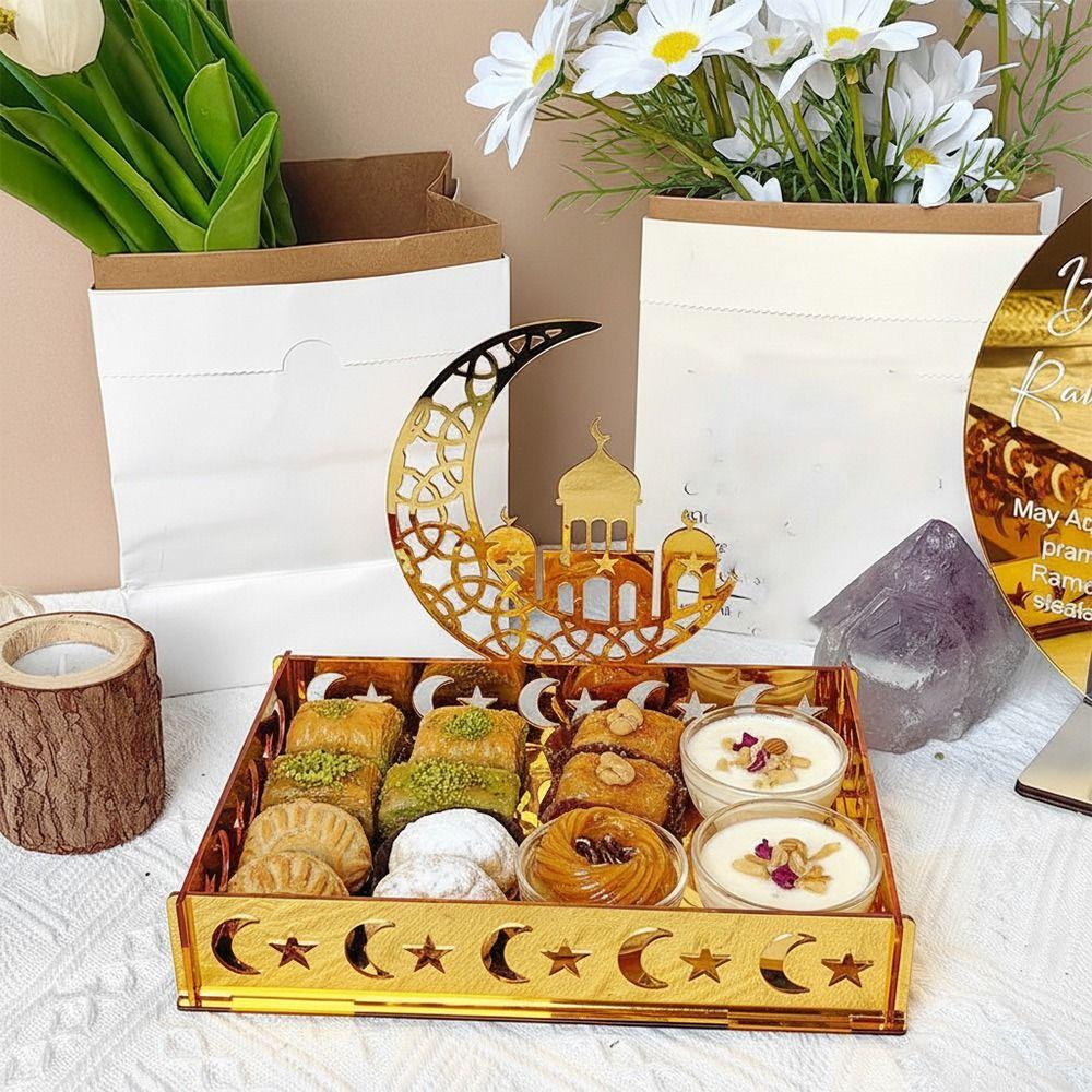 Gold Eid Mubarak Dessert Tray Acrylic Carving Ramadan Moon Star Plate Tray Hollow Moon Star Fruit Trays Festival Supplies