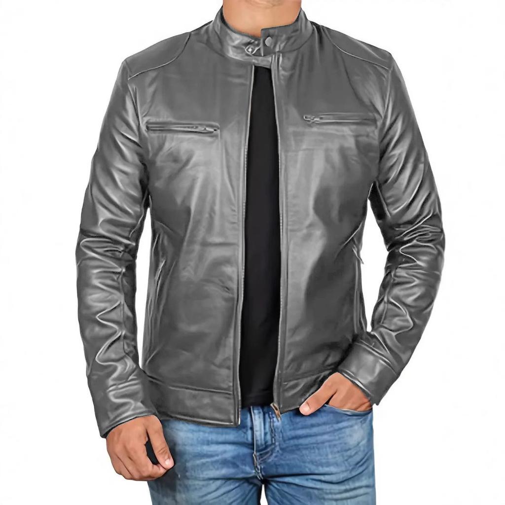 Trade Mens Retro Style Stand-up Collar Leather Jacket Slim Fit Multi-pocket Casual Outerwear