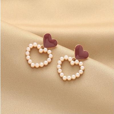 Retro Hong Kong Style Red Love Pearl Earrings Women's 2023 New Light Luxury High-end Stud Earrings with Unique Niche Personality