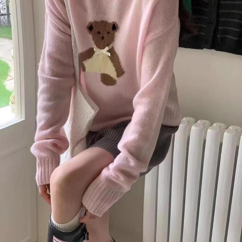 Crew neck cartoon bear jacquard versatile knitted sweater autumn and winter new loose small pullover sweater women