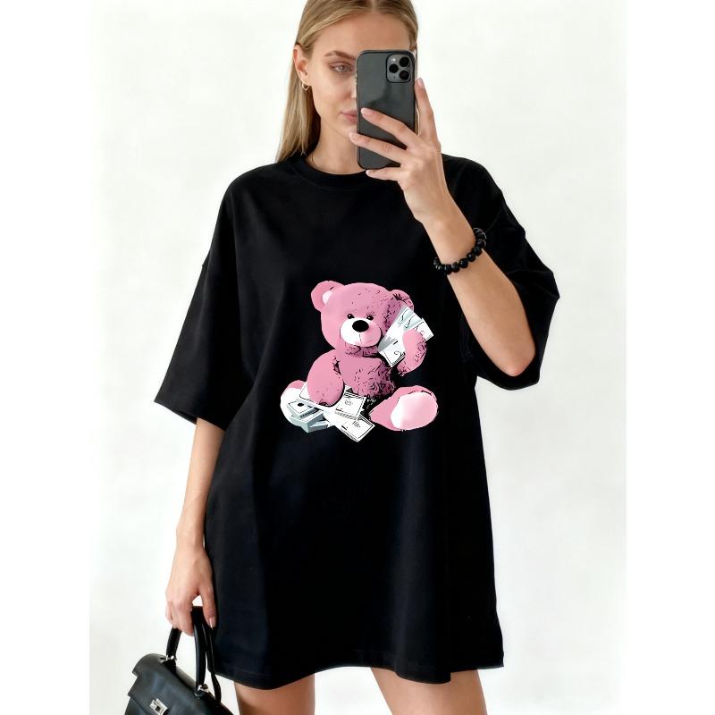 Vestito T-shirt Oversize Nero Rosa Orsetto con Stampa di Denaro Streetwear Casual Moda per Donne