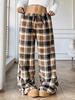 Women Leopard Print Wide Leg Pants Elastic Waist Drawstring Casual Loose Long Trousers