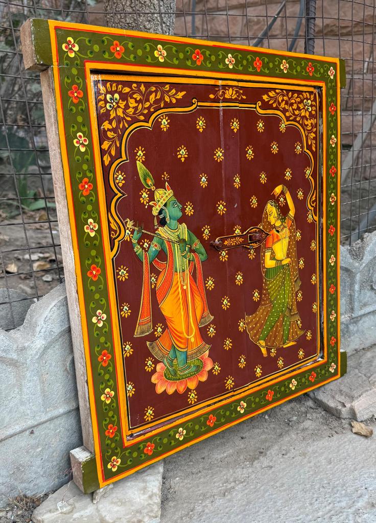 Retro Antique Wooden Window Panel Hand Painted Indian Religious Radha Krishna Frame