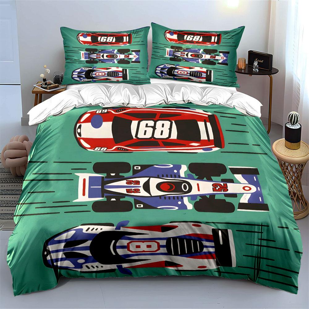 Three Colorful Race Cars On Track Duvet Cover Set With 3D Printing Design Soft Polyester Bedding Set All-Season Comfort