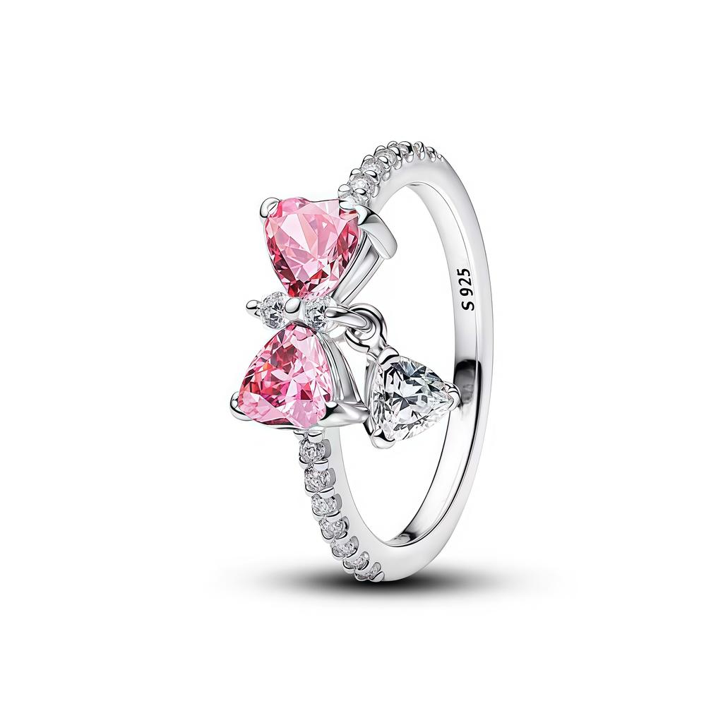 Luxury 925 Silver Heart-shaped Bow Flower Ring Fit Women's High-end Jewelry Parties Valentine's Day Gifts