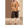 Women Summer Round Neck Short Sleeve Floral Vase Print Linen Cotton Casual Blouse