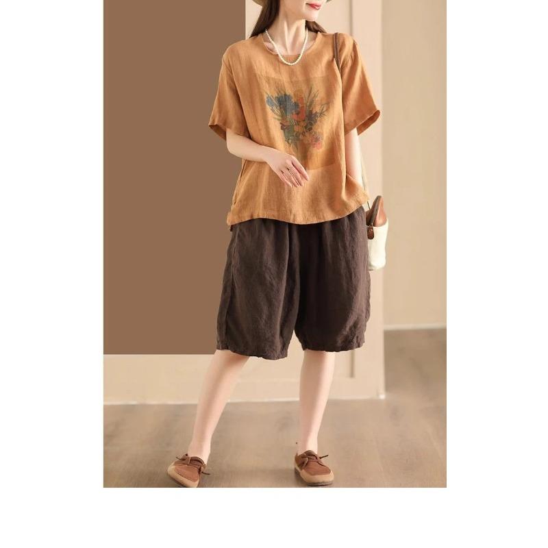 Women Summer Round Neck Short Sleeve Floral Vase Print Linen Cotton Casual Blouse