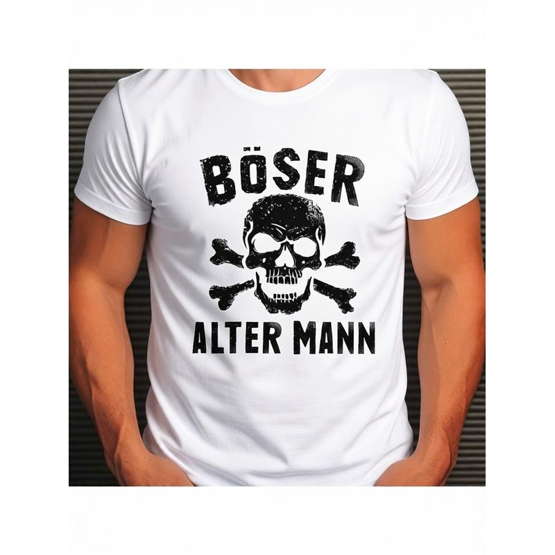 Men's Plus Size Oversized Gothic T-Shirt - Black & White Skull & Bone Cross with German Text (EVIL OLD & BOSE ALTER for Man) - Heavy Metal Style,
