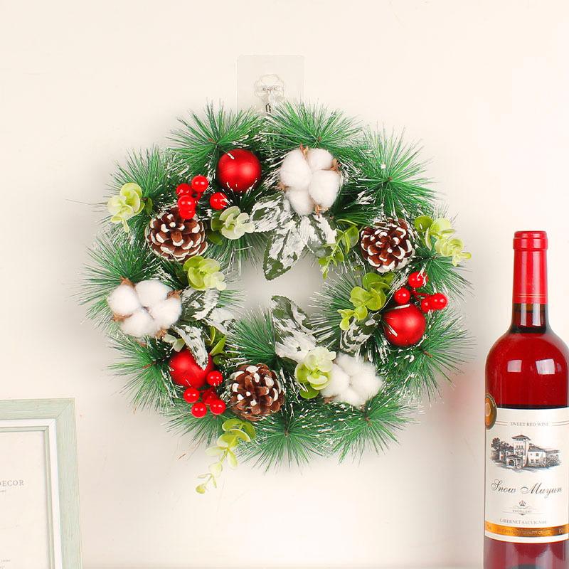 Zhongran Christmas Cotton Pine Cones Wreath Door Hanging Christmas Ball Wreath Window Decoration Props Holiday Rattan Wall Hanging