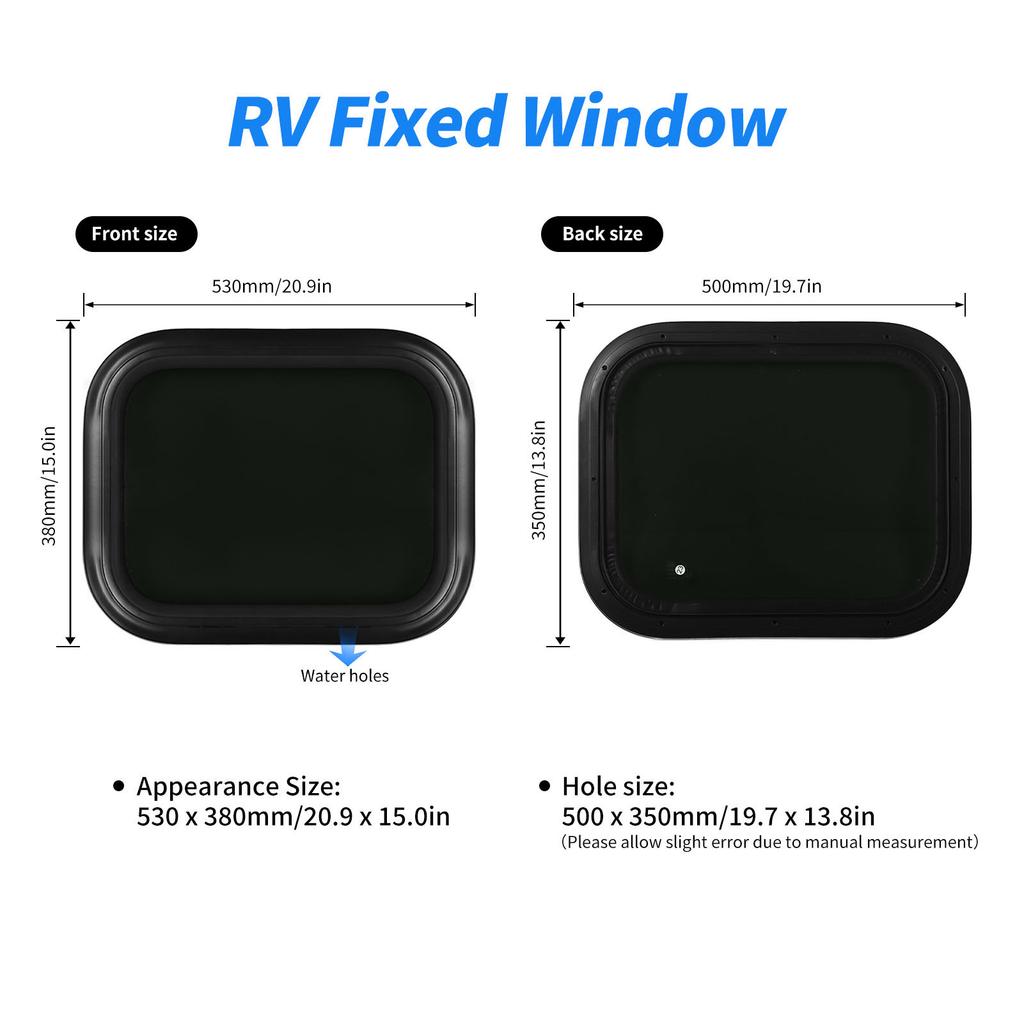 RV Fixed Window 500×350mm Black Aluminum Alloy Round Corner Glass With Fixing RIng For Trailer Camper