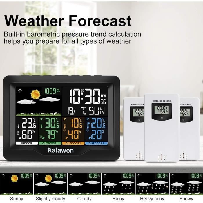 Station météo - kalawen - 3 capteurs extérieurs - réveil numérique dcf - baromètre intégré