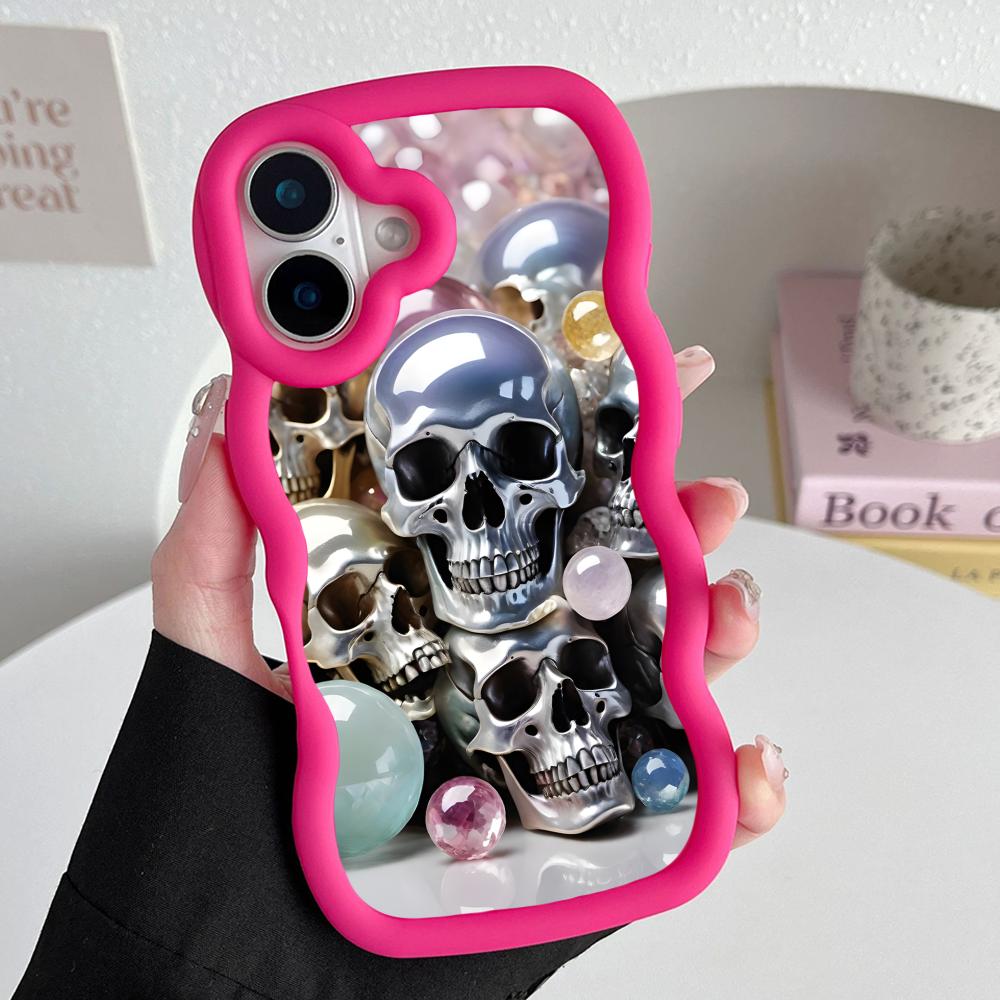 

Luxury Silver Skull Mobile Phone Case for iPhone 17 16 15 14 13 12 11 Air Pro Max Plus Wavy Edge TPU Colorful Cover Cover Luxury iPhone 16 Plus