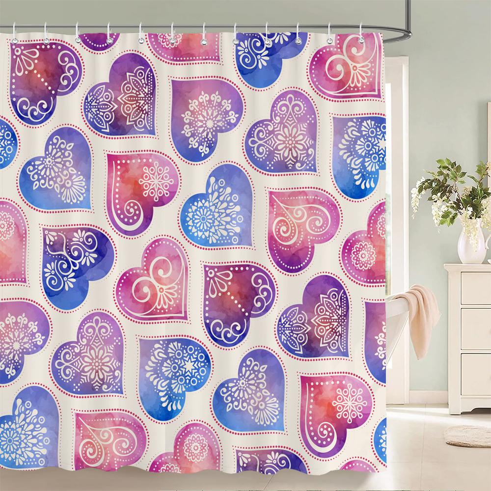 1 Pcs Pink Love Pattern Polyester Shower Curtain Waterproof Fabric Valentine'S Day Bathroom Partition Curtain With Hooks