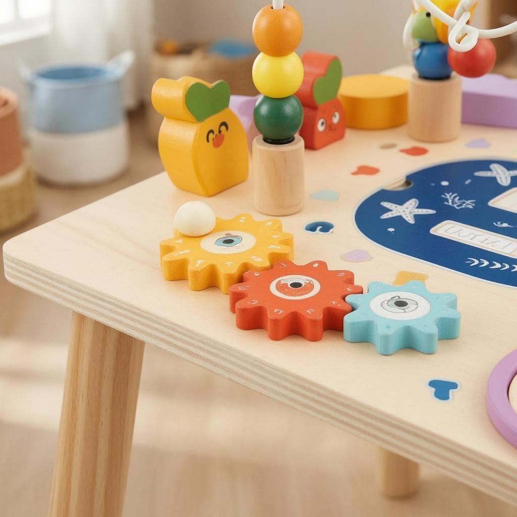 Wooden Busy Board Table Interactive Activity ChildSized Furniture for Young Children,
