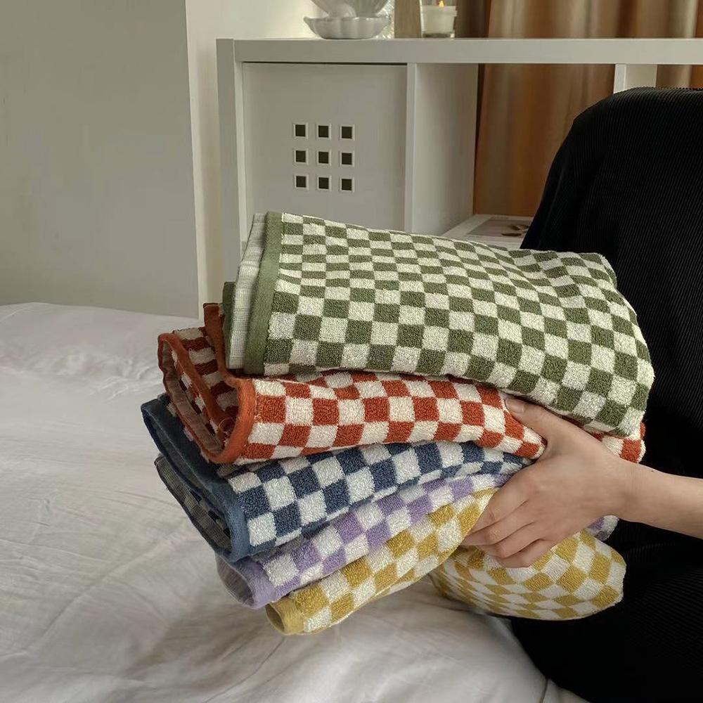 Vintage Ins Jacquard Checkered Long Pile Face Towel Wash Towel Household Bath Towel Absorbent Large Gift