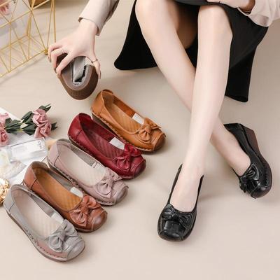 Scarpe Zeppa in Pelle Donna con Fiocco Retro - Suola Morbida, Fondo in Pelle di Vacchetta Antiscivolo, Perfette per Primavera e Autunno, Ideali per Mezza Età e Anziani.