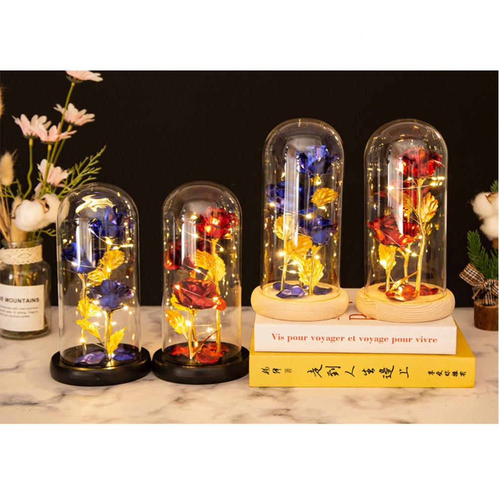 Colored Roses Ornaments 3 Flowers Glass-covered Gold-leaf Artifical Roses Luminous Led Night Light Creative Valentine Day Gifts