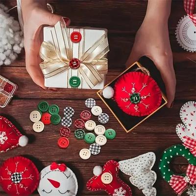 60 Stück, Weihnachten Holzknöpfe, 6 Farben, 0,79 Zoll, Karierte Holzknöpfe, 4 Löcher, Schwarz und Rot Holzknöpfe, Kariert