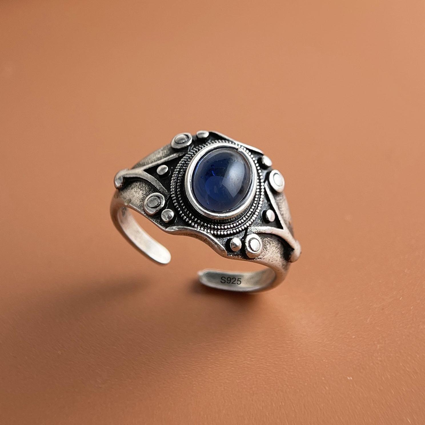 

925 Sterling Silver Rings for Women Couple Minimalist Handmade Simple Retro Blue Stone Ring Fine Jewelry Gift Prevent Allergy resizable