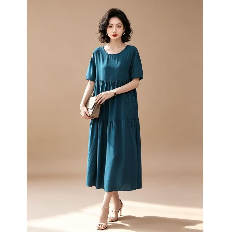 EST+II Women's Yunqi Round Neck Short Sleeve Cake Long Dress