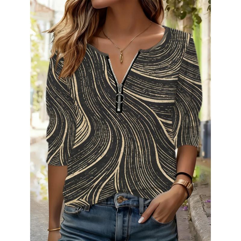 Women's half-zip printed T-shirt, long-sleeved casual top, comfortable layering item for autumn and winter (machine washable)