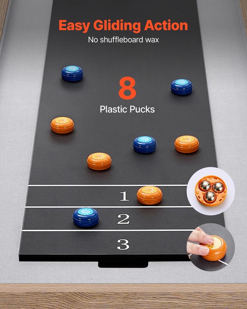2,1m Shuffleboard Tisch, 2 in 1 Shuffleboard und Tisch-Curling Kombinationsspiel, Kompaktes Shuffle Board mit Glatter Oberfläche, Klappbare Beine, 8 Pucks, Einfach