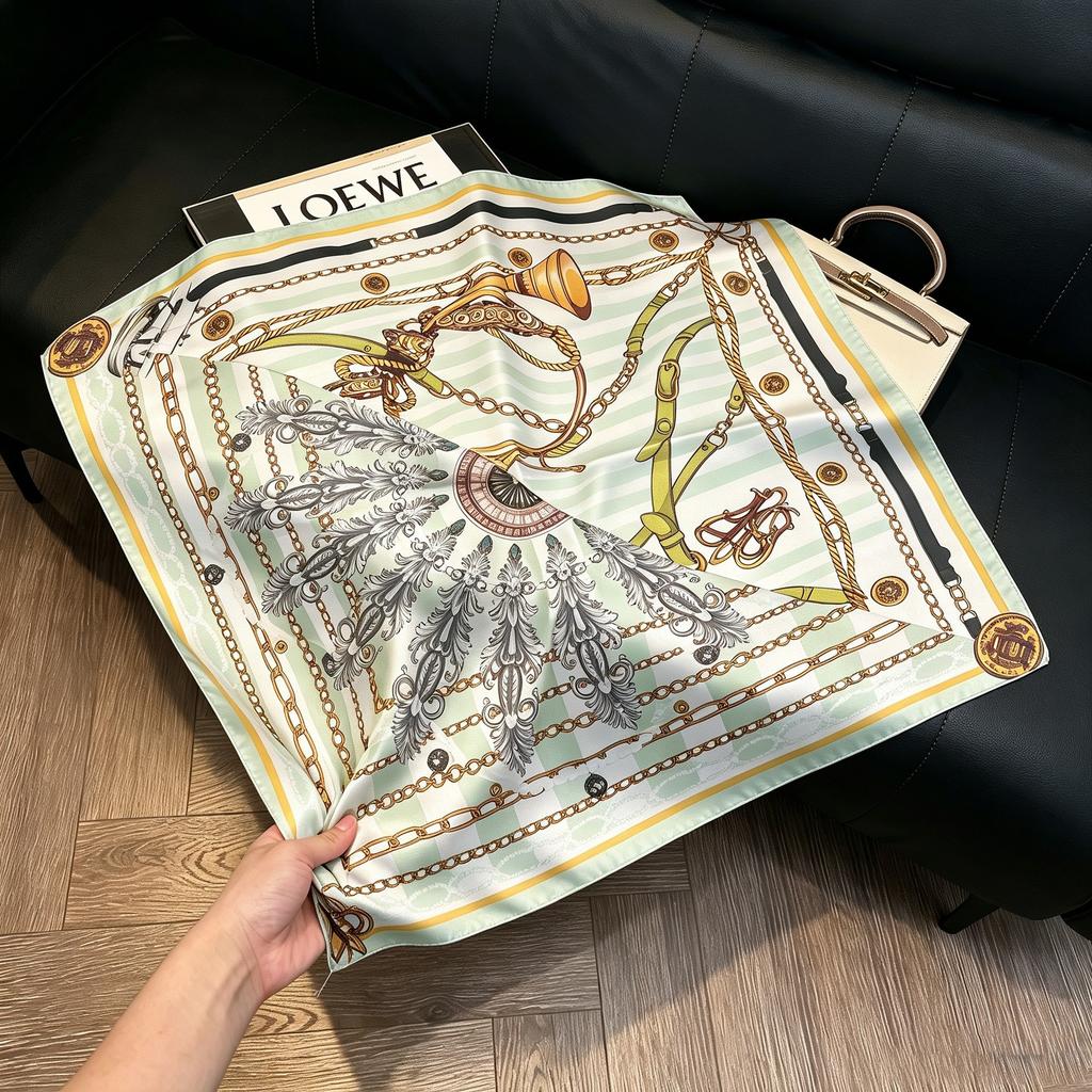 Sen green flower print fresh imitation silk scarf premium versatile square scarf neck protection scarf trendy headscarf scarf women